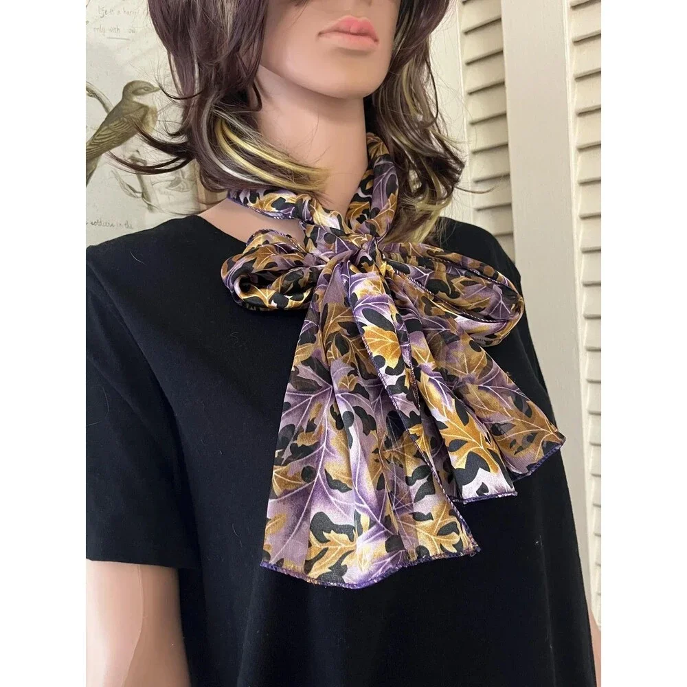 Classic Vintage 1980s Leaf Scarf: Copper, Purple & Black Silky Wrap